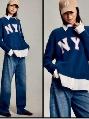 NEW Maeve Anthropologie Graphic Twofer Sweater NYC Blue Oversized Size S